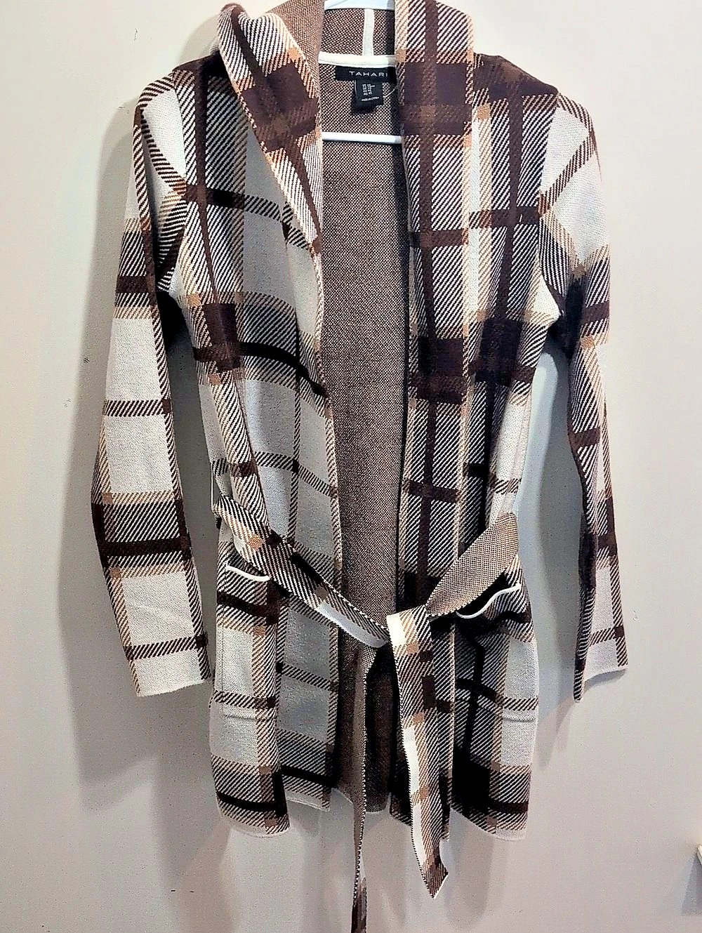 Tahari Plaid Hooded Coat in Brown & White Size Medium Like New